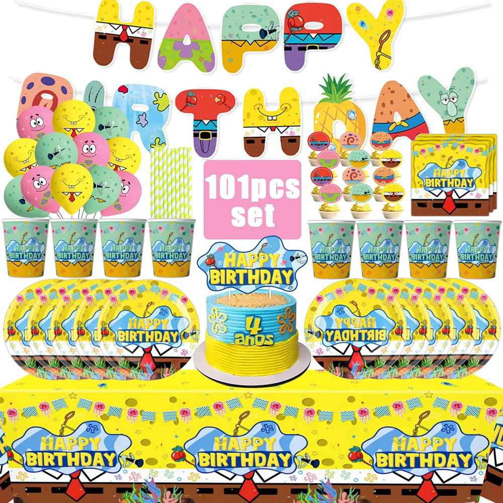 

Sponge-Bob Birthday Party Decor Foil Balloon For Kid Event Disposable Tableware Plate Backdrop Gift Baby Shower Part Supplie Set