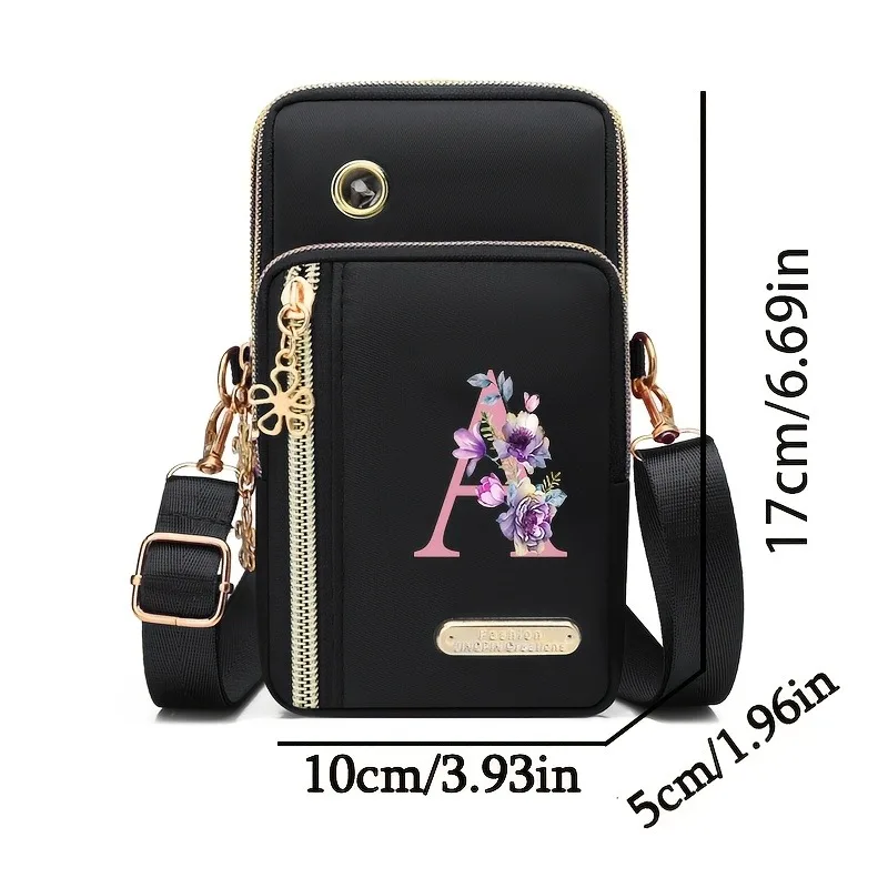 Floral Print Letter Simple Mobile Phone Wallet with Zipper Credit Card Layer Adjustable Detachable Strap
