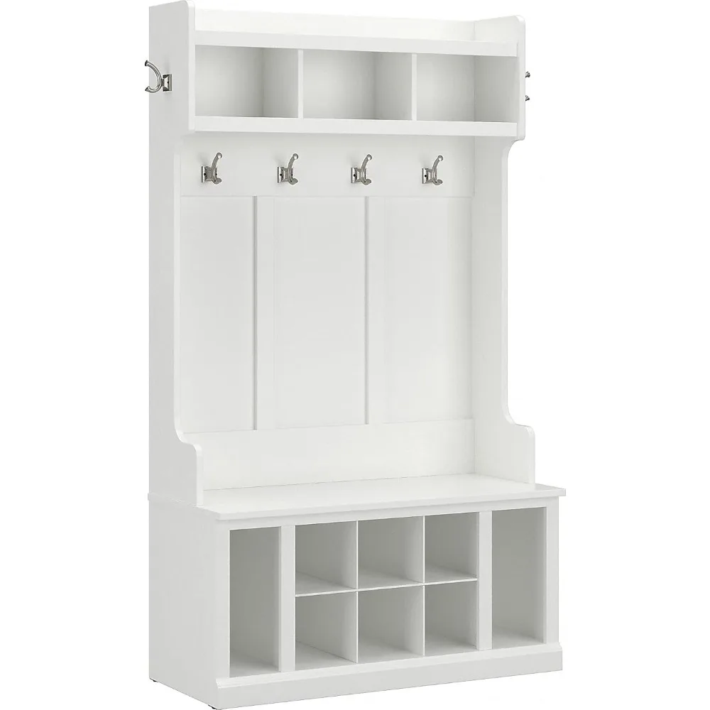 Woodland 40W Hall Tree and Shoe Storage Bench with Shelves in White Ash