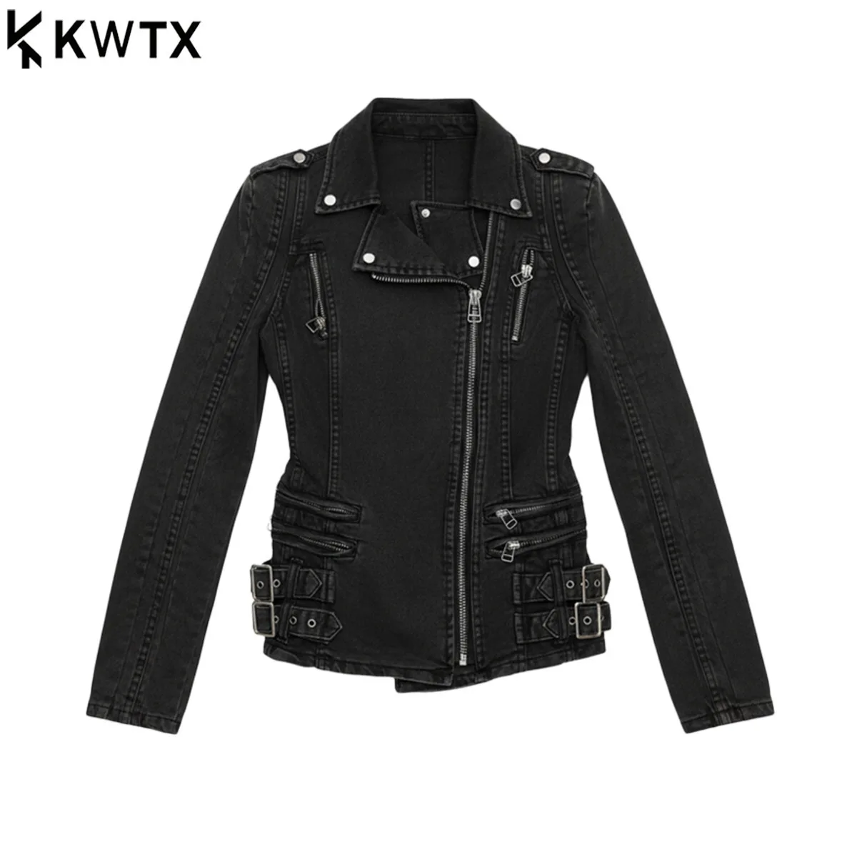 

KWTX женская черная укороченная джинсовая байкерская куртка винтажная с поясом на молнии с лацканами повседневное шикарное осеннее новое поступление 2025 премиум-класса