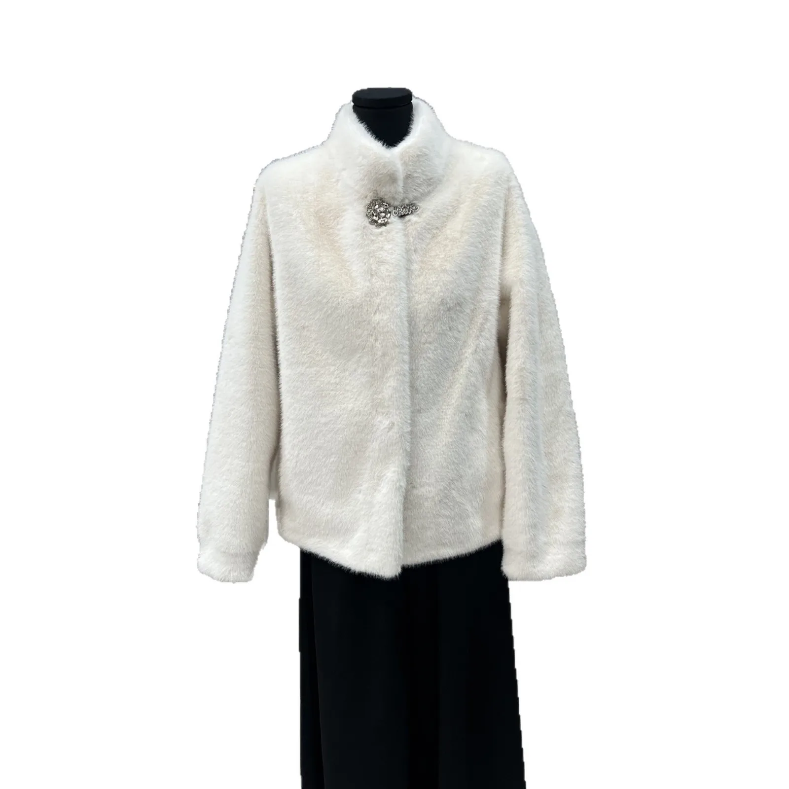 인조 밍크 퍼 코트 여성 재킷 숏 오버코트 긴 소매 스탠드 칼라 오픈 스티치 두꺼운 루즈핏 캐주얼 가을 겨울 2025