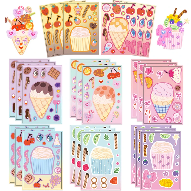 

8/16Sheets Cartoon Ice Cream Cake DIY Make A Face Stickers Puzzle Toys Kids Birthday Party Favors Pinata Fillers Gift for guests