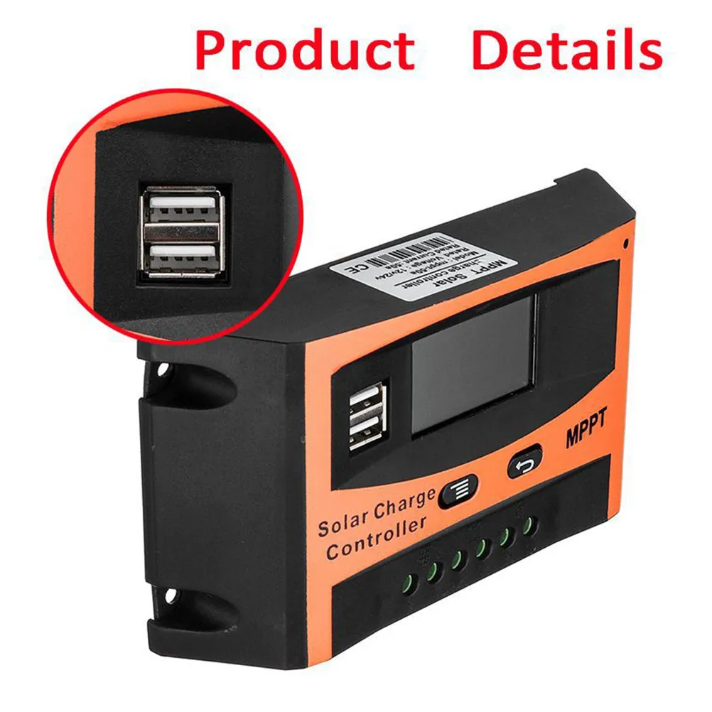 50A Mppt Solar Charge Controller 12V 24V Auto Voltage Recognition LCD Display Dual USB Output Overcharge Overload Short Circuit