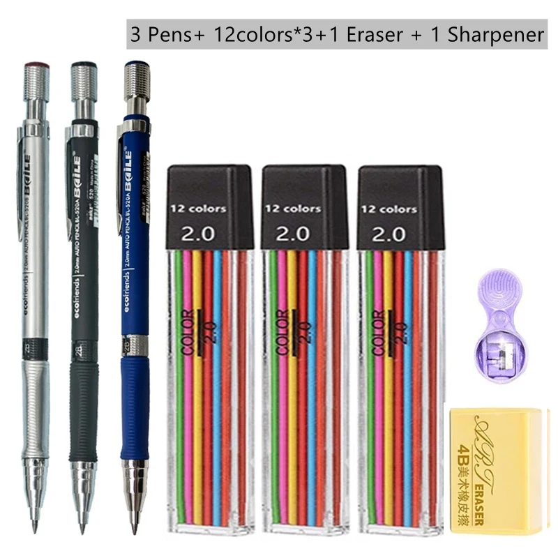 Mechanical Pencil Set 2.0 mm with 2B Black/Colors Lead Refill For Writing Sketching Art Drawing Painting School Automatic Pencil