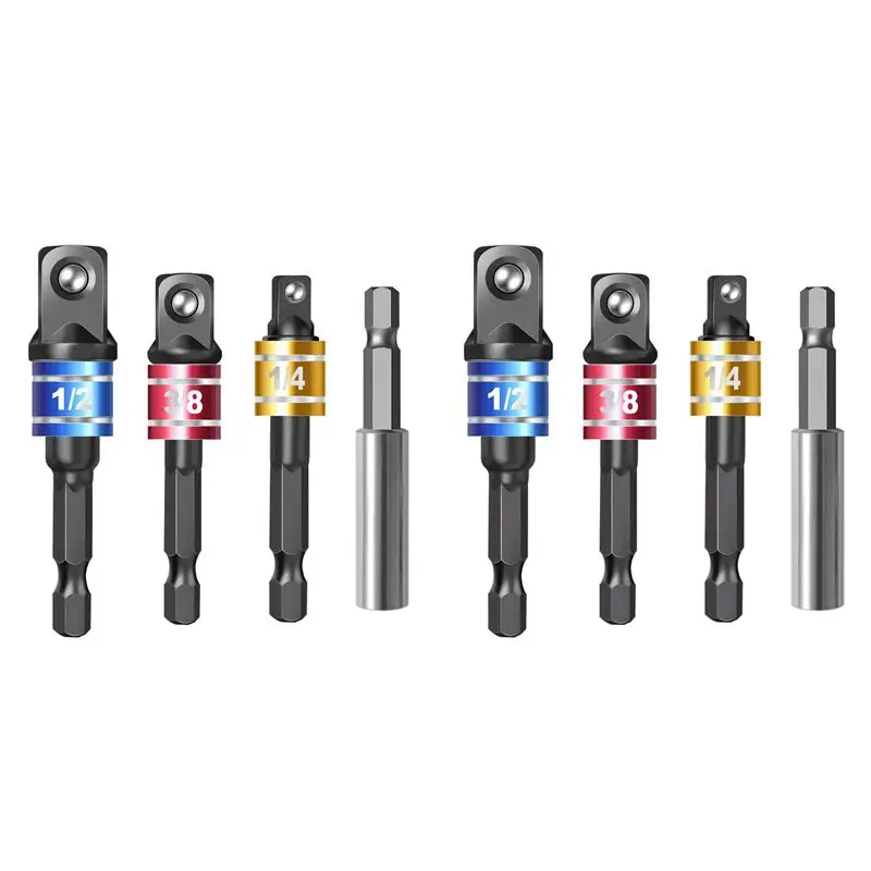 M12K-8 Pieces Impact Driver Socket Adapter Set For 1/4 Inch Hex Shank To Square Socket Turn Power Drill Into Nut Driver