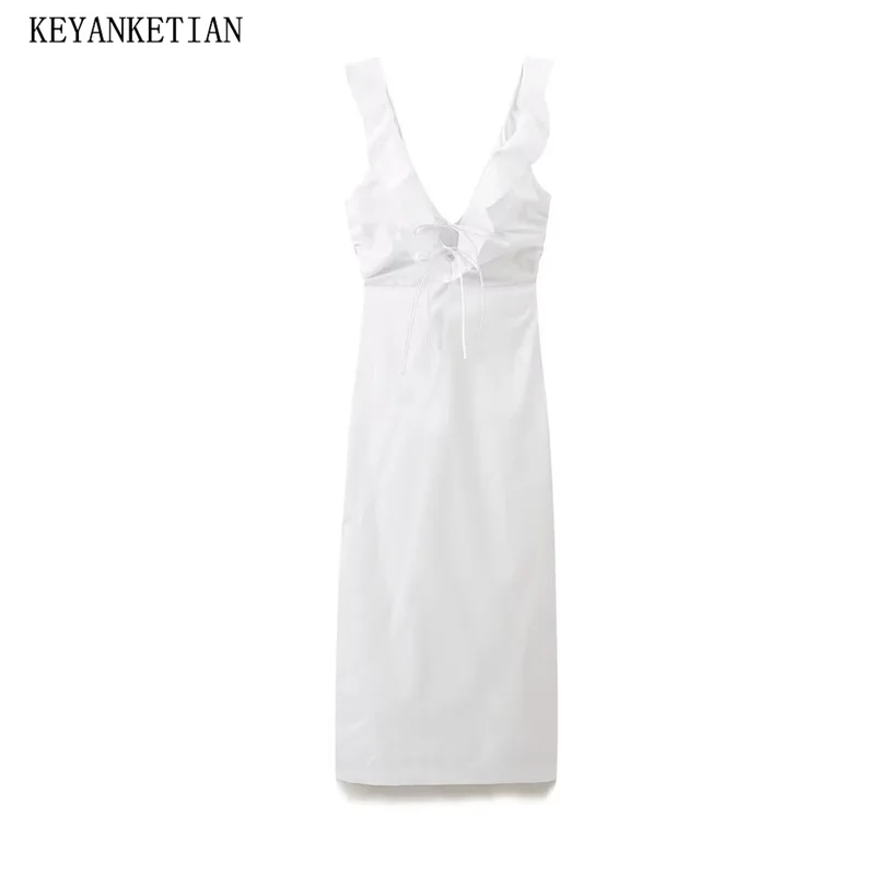 KEYANKETIAN New Launch Women's Tiered Lace Up V-Neck Sleeveless MIDI Dress Holiday wind Side Zipper Slim White Backless Dresses