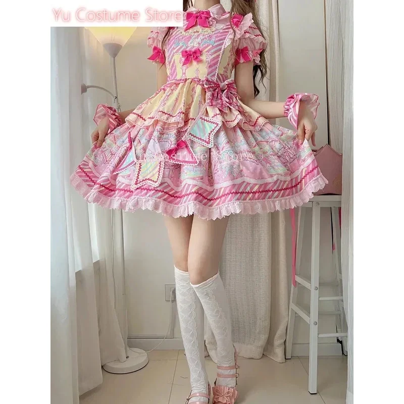 Sweet and Cute Girls Lolita Sets 2024 Summer -sleeved Student Shirt Jsk Short Strap Dress Kawaii Women's Outfits5;c,8'z,6.k; - view 3
