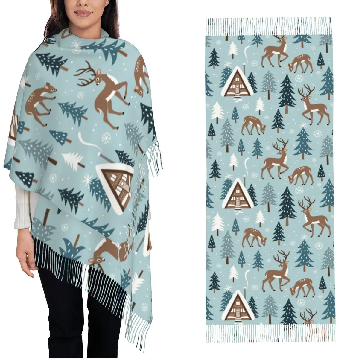 Cute Winter Deer Scarf for Women Warm Winter Cashmere Shawl Wrap Snowy Woodland Cabin Pine Trees Long Shawl Scarf for Ladies