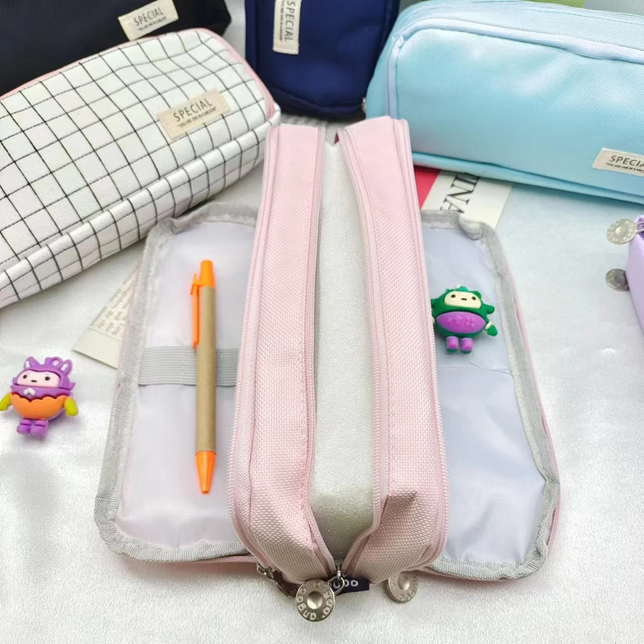 Macaron color large capacity multi-function pen bag Three-layer pen bag Pencil case Student pencil bag storage bag image 5