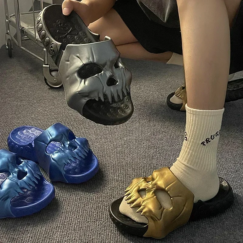 Verão masculino crânio chinelo y2k nuvem praia sandália slides flip flop masculino antiderrapante interior ao ar livre sapato macio casa 2025