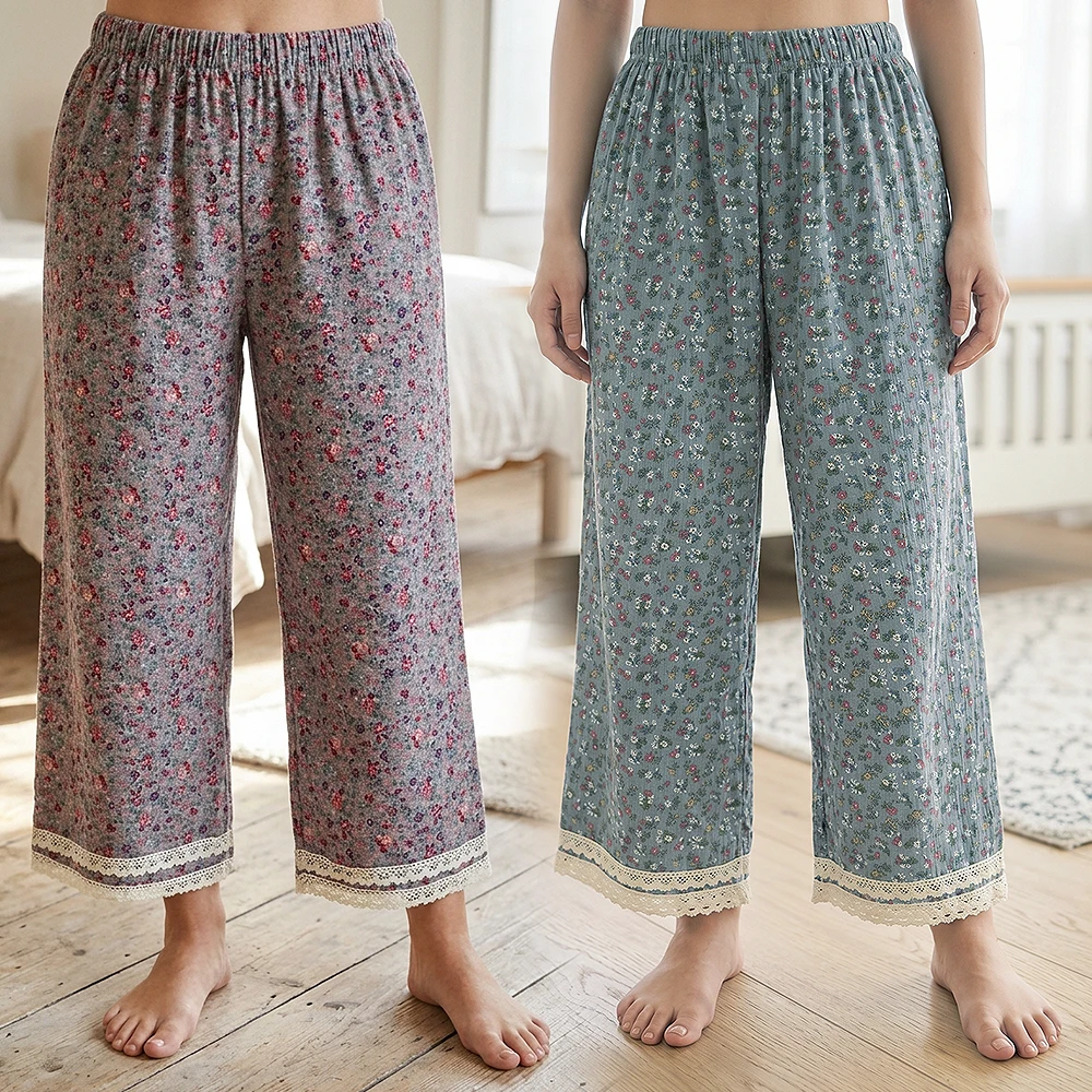 [Retro/Cool Style] Flower Field Patterned Pants 9-Point Patterned Pajamas Pajama Pants Wide-Crotch Pants Lace