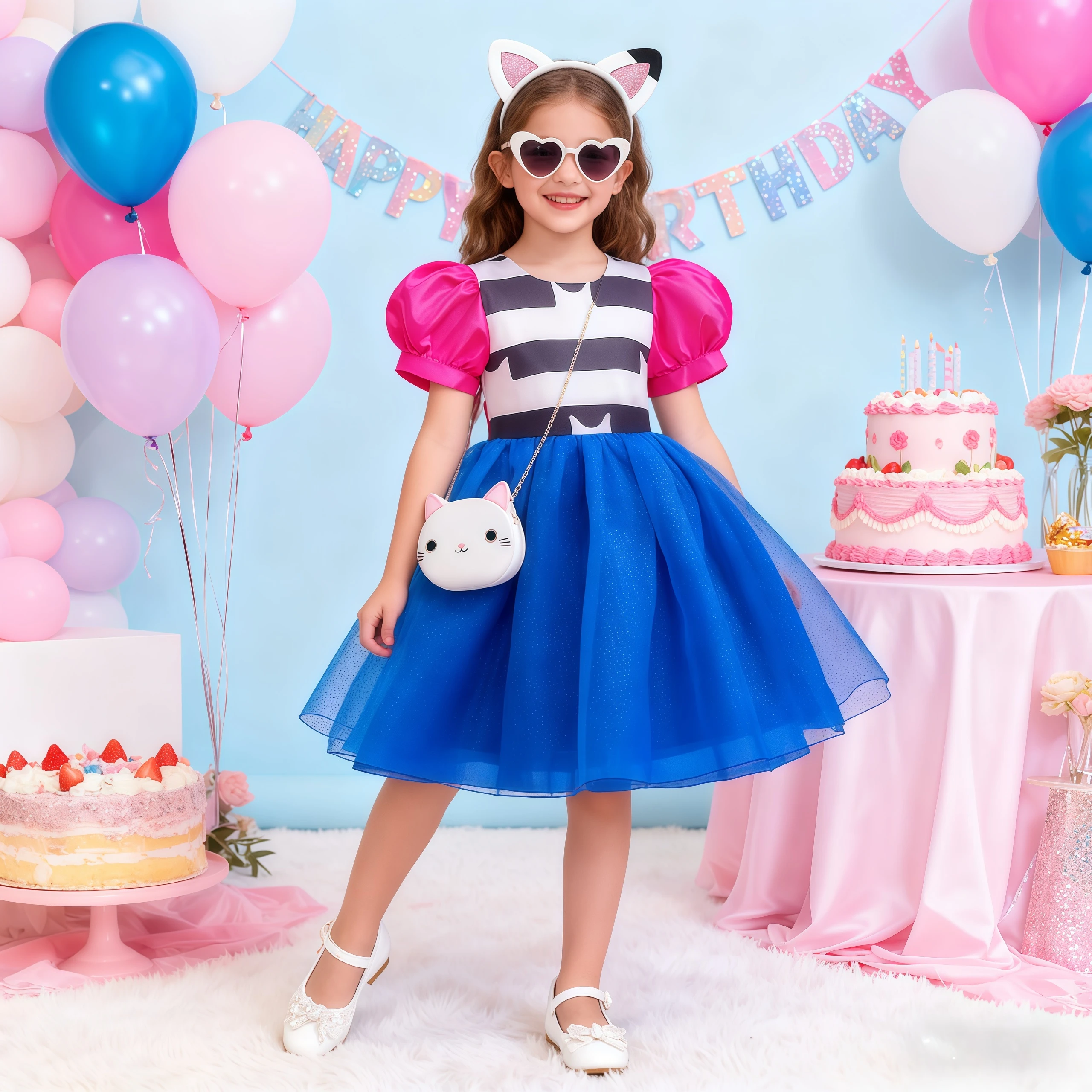 Cartoon Cat Girls Striped Sequins Princess Dress With Headwear For Kids Halloween Birthday Party Masquerade Carnival Outfits