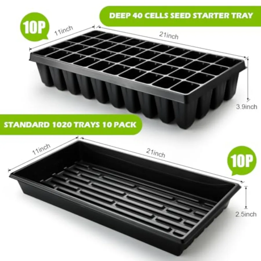 10 Pack 1020 Seed Starter Trays and 40 Cell Plug Trays for Germination, Thick Durable Black Plastic Nursery Tray for TD542 1020