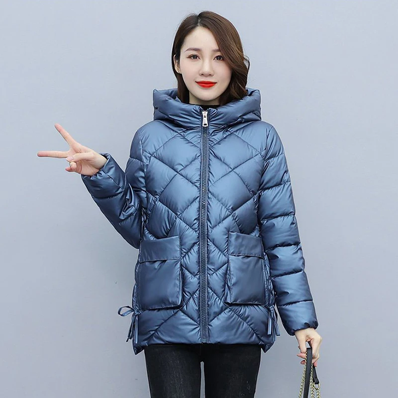 Sudadera con capucha acolchada de algodón para mujer, nueva versión coreana de plumón acolchado de algodón brillante, cálido y suelto, invierno, 2023