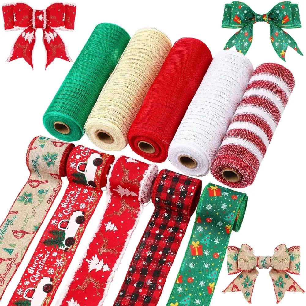 

Набор рождественских лент: 10 рулонов с 5 сетчатыми лентами для венков и 5 металлическими рулонами в проводной полоску.