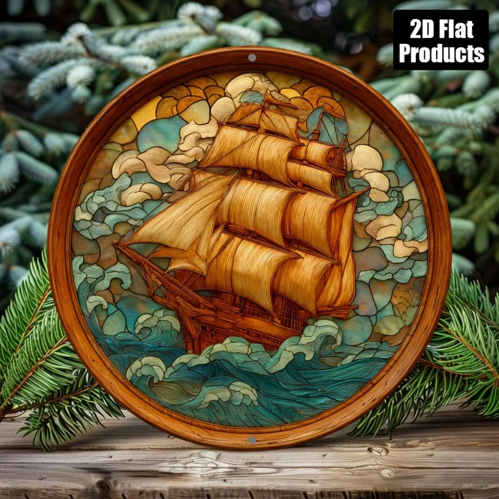 2D Rundes Aluminium-Metallschild mit Geprägtem Segelboot-Motiv, 8x8 Zoll Wanddekoration für Zuhause, Bar, Café, Büro, Ganzjähriges Feiertagsgeschenk