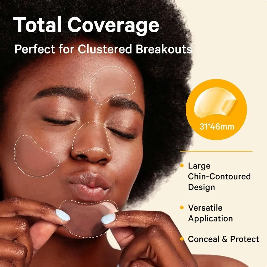 Plasterki na pryszcze na podbródku, hydrokoloidowe plasterki na trądzik na wypryski, duże plamy, kontrola wyprysków, zakrywają twarz, podbródek i ciało, z drzewem herbacianym i kalantrium.