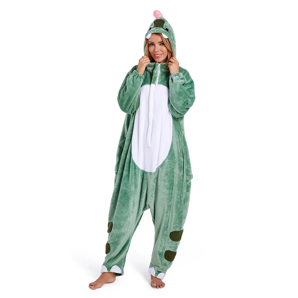 Cartoon Dinosaur Onesie Pajamas ﻿Adult Animal Jumpsuit Flannel Sleepwear Hooded Costume Outfits Halloween Carnival Party Suit