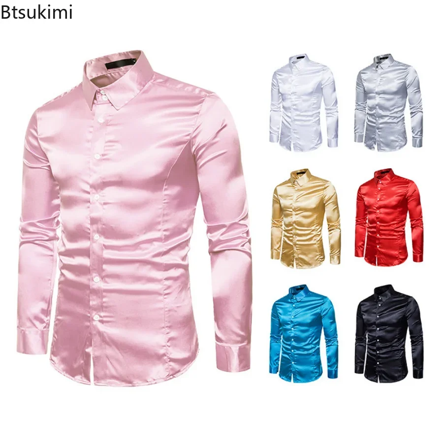 2024 Men's Shinny Silk Satin Luxury Dress Shirts Brand Men Wedding Prom Tuxedo Male Casual Shirt Camisa Masculina Solid Shirts