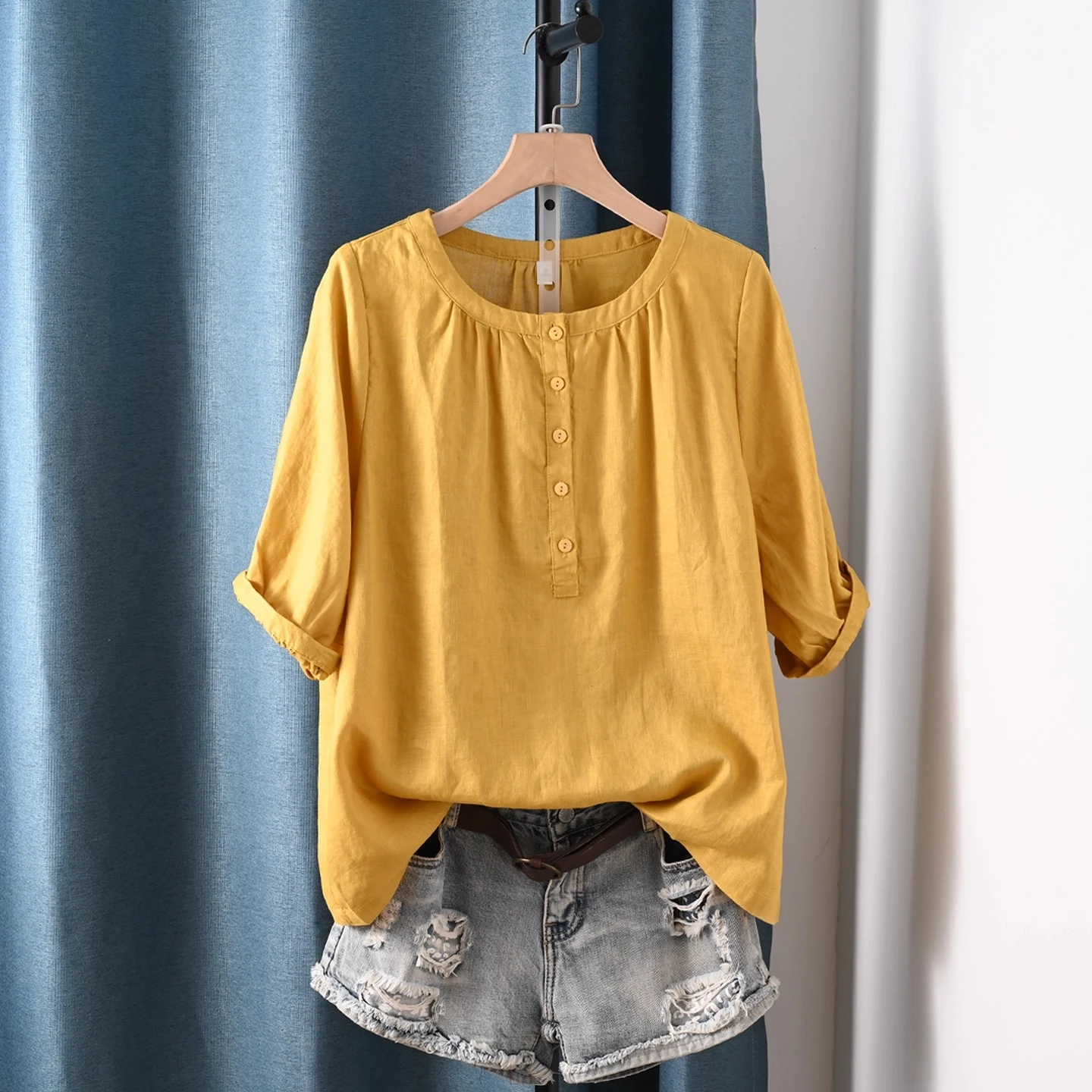 

100% льняные рубашки и блузки для женщин, короткие повседневные рубашки с круглым вырезом и половиной рукава, желтые, розовые, белые, синие рубашки, женские топы