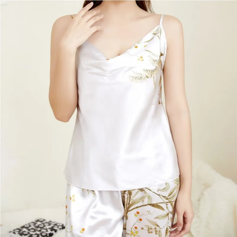 Simple Printed Pajamas Halter Top Trouser Two-piece Set Summer Thin Home Wear Imitation Silk Leisure Nightgown Women\'s Clothing