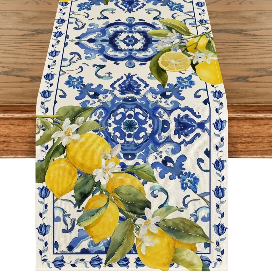 1pc PolyesterLemon And White Porcelain Summer Table Runner, Seasonal Spring Kitchen Dining Table Decoration For Home Party Decor
