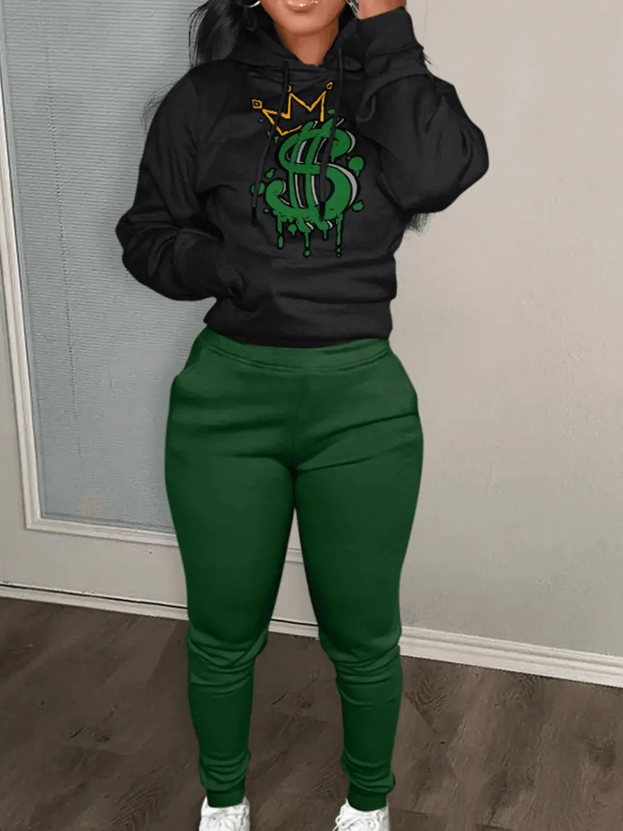 LW Dollar Letter Print Kangaroo Pocket Tracksuit Set Long Sleeve Black Hoodie&Green Trousers Women Two Pieces Matching Suits