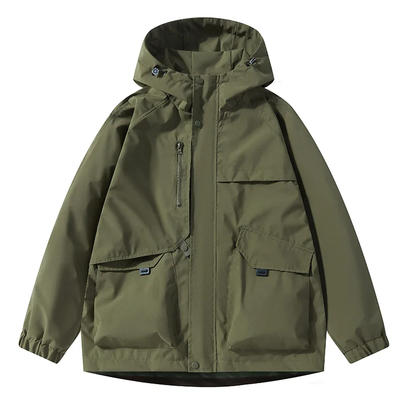 

Men Outdoor Climbing Clothes Multi-Pocket Waterproof Cargo Jacket Black Bomber Camping Loose Thin Softshell Hooded Hiking Jacket