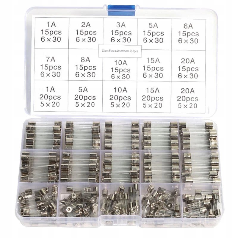 Glass Fuse Set Quick Blow Glass Tube Fuse Assorted Kits Fuses 250pcs