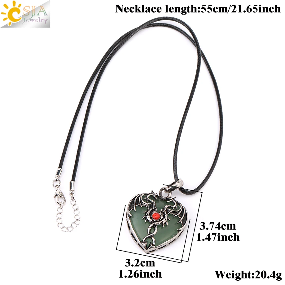 CSJA Double Dragon Necklace Natural Stone Heart Crystal Pendant Amulet Neckalces for Man Women Halloween Jewelry Gift H238