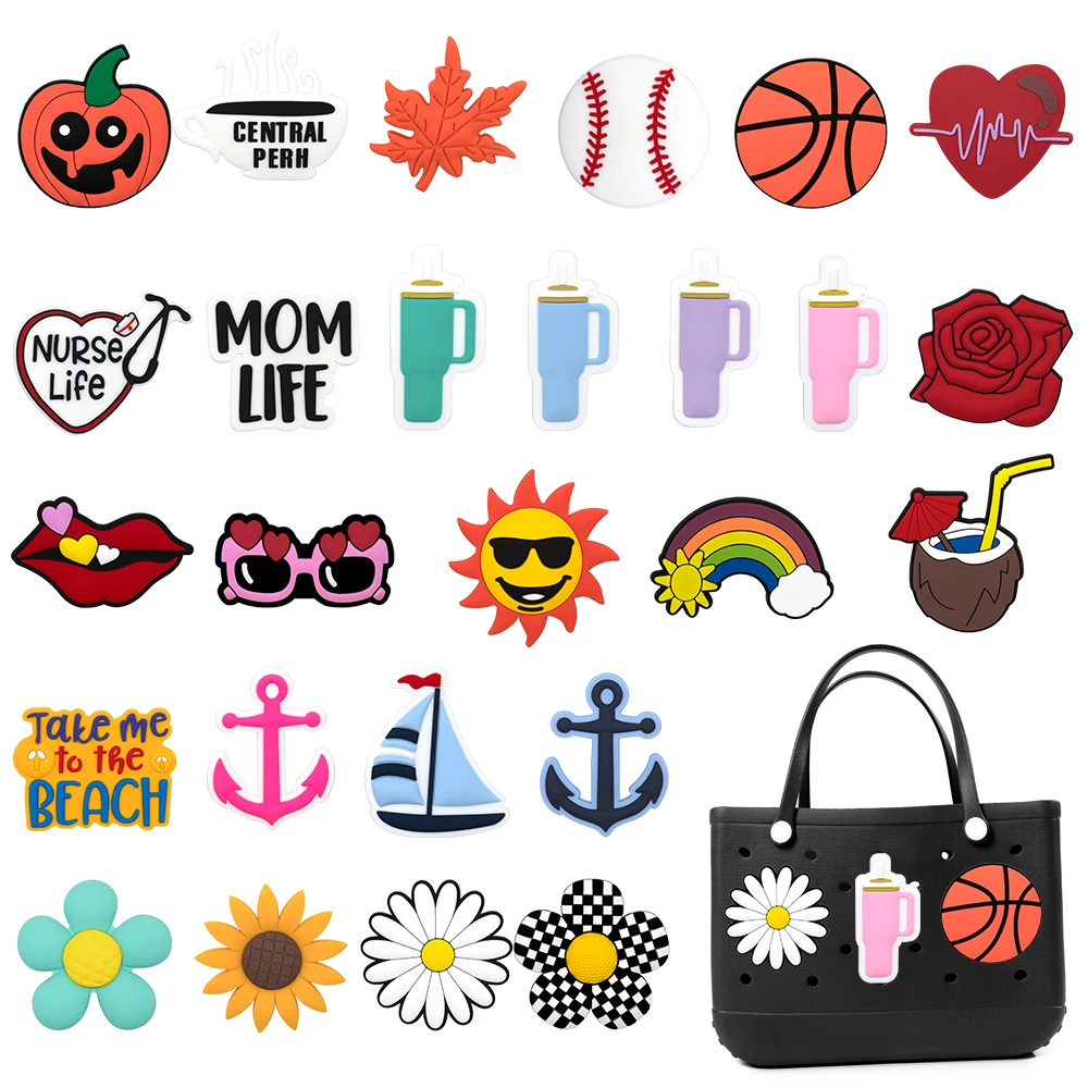 1PCS Bag Charms Cute Flower Rose Basketball Cartoon Handbag Accessories fit Tote Beach Travel Bag Decoration Women Bag Pendant