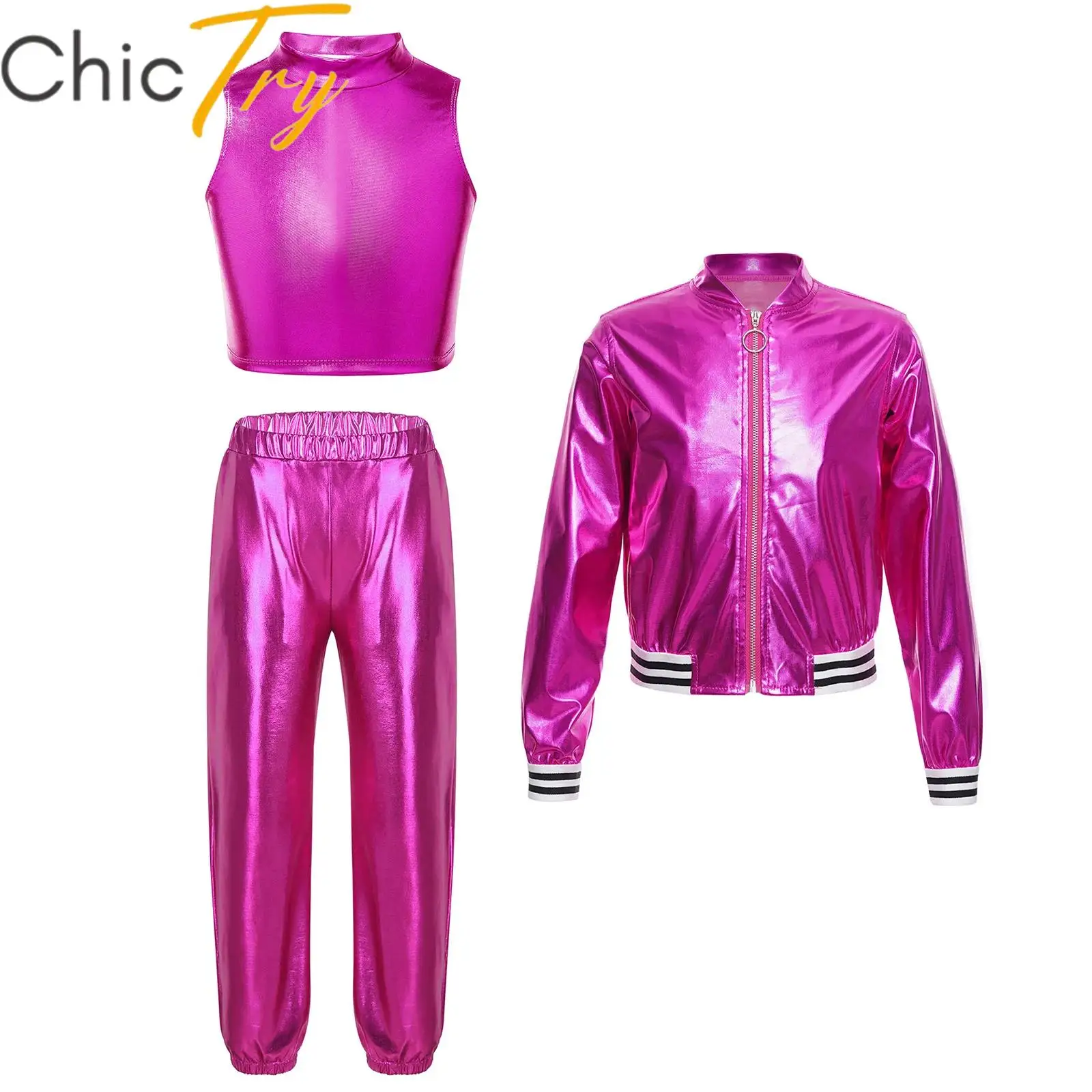 Kids Girls Hip Hop Dance Outfits 3Pcs Jazz Dancewear Shiny Metallic Crop Top with Bomber Jacket and Pants Set Activewear Suits