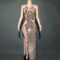 Robe transparente en maille avec des miroirs brillants, avec des chaînes en strass, tenue d'anniversaire pour femmes, Sexy, tenue de Club, de fête, vêtements de scène