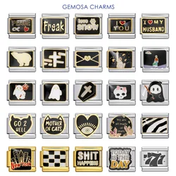 GEMOSA Simple Creative Black Heart Ghost Cross Words Italian Charm Link Fit 9mm Stainless Steel Bracelet DIY Making Beads