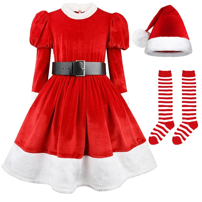 الخريف الشتاء المخملية فستان الجوارب قبعة 3 قطعة مجموعات للأطفال سانتا كلوز تأثيري ازياء فستان السنة الجديدة للفتيات فساتين الحفلات