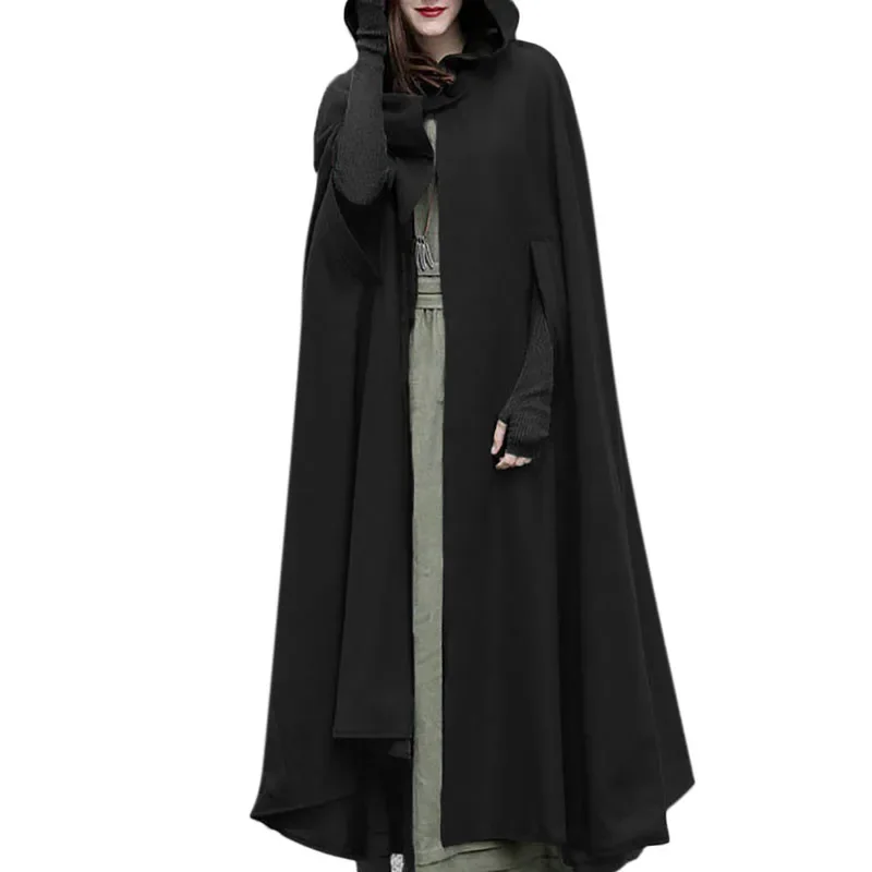 ZANZEA donna Poncho inverno con cappuccio aperto mantello anteriore sciolto solido cappotto lungo con cappuccio Cosplay Outwear natale Casual Cape