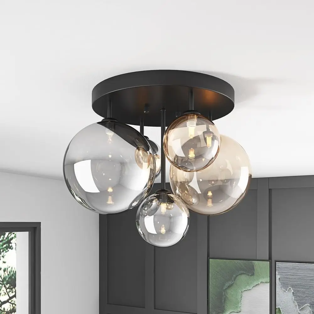 

5-Light 17.71 Black Semi-Flush Mount Ceiling Light with Globe Glass Shades, Suitable for Modern Home Ceiling Fixtures and Bedroo