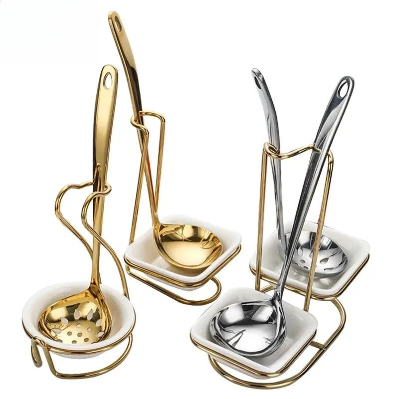 Luxury Stainless Steel Gold Square Spoon Holder with Ceramic Soup Bowl for Restaurant Buffet Serving Utensil Storage Display