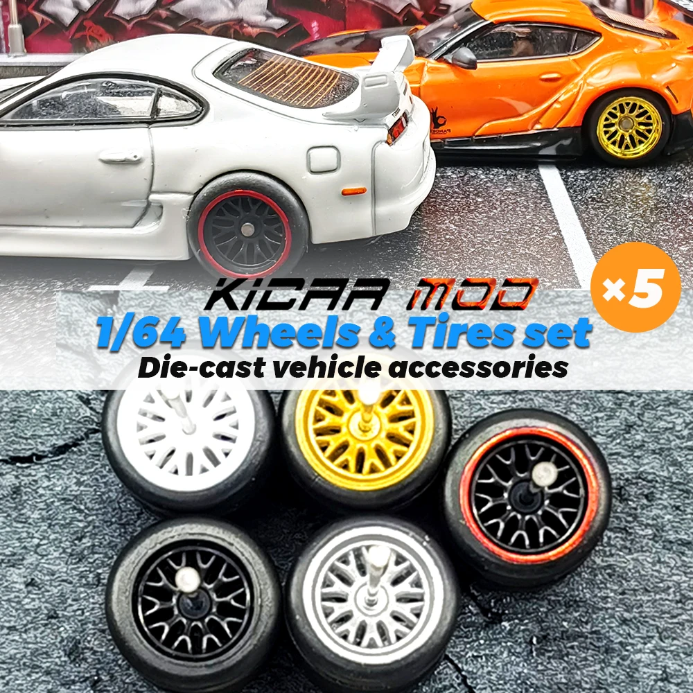 KicarMod 1/64 Wheels Tires BBS Style Five Colors Vehicle Toy for 5 Cars per bag for Hot Wheels Hobby Modified Parts