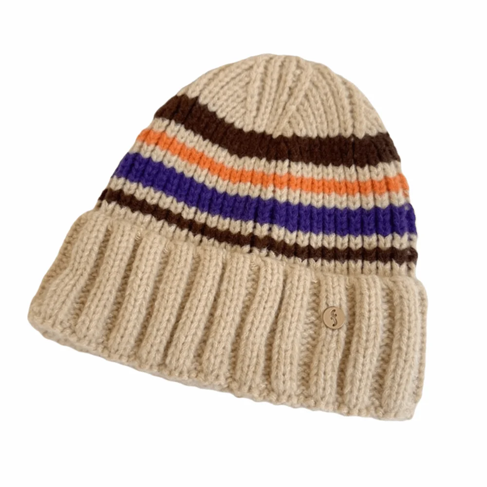 

Keep Warm Vintage Striped Knitted Hat Breathable Korean Style Casual Wool Hat Coldproof Trendy Winter Pullover Hat Women