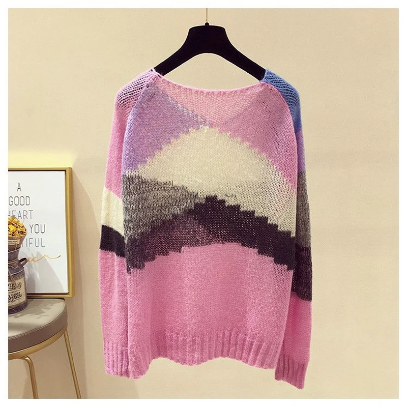 Women Trendy Contrast Color Hollow Streetwear Oversized Knitted Sweaters Autumn Casual O Neck Long Sleeve Pullover Tops Jumpers