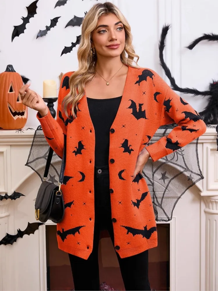 

Autumn Clothes Woman Pulls Femmes New Women's Sweater Halloween Bat Jacquard Long Sleeve Cardigan Jacket Comfortable All-match