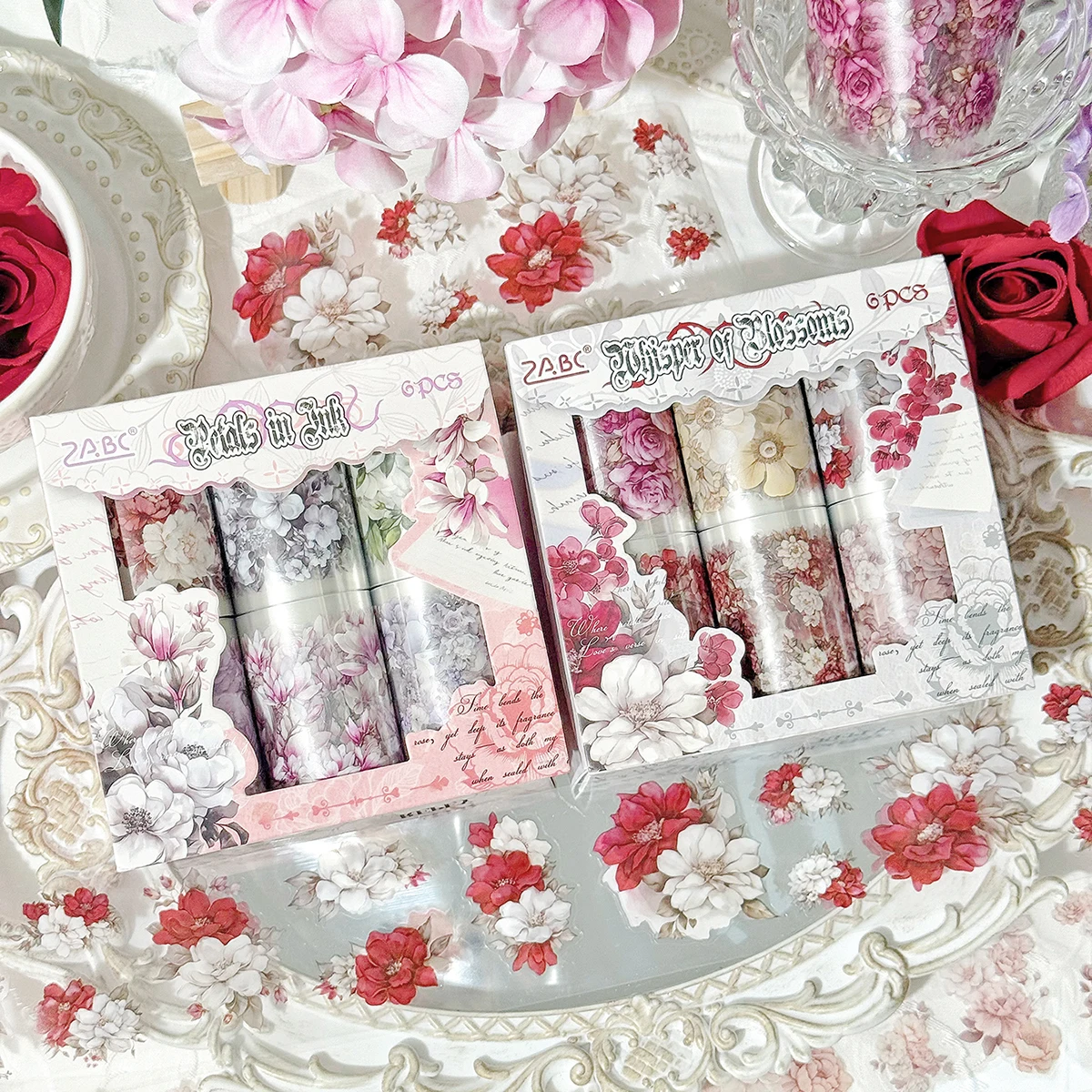 6 لفات/صندوق، شريط لاصق PET مزين بالزهور الإبداعية، مناسب لكتيبات DIY وتزيين الهدايا، عصري وجميل