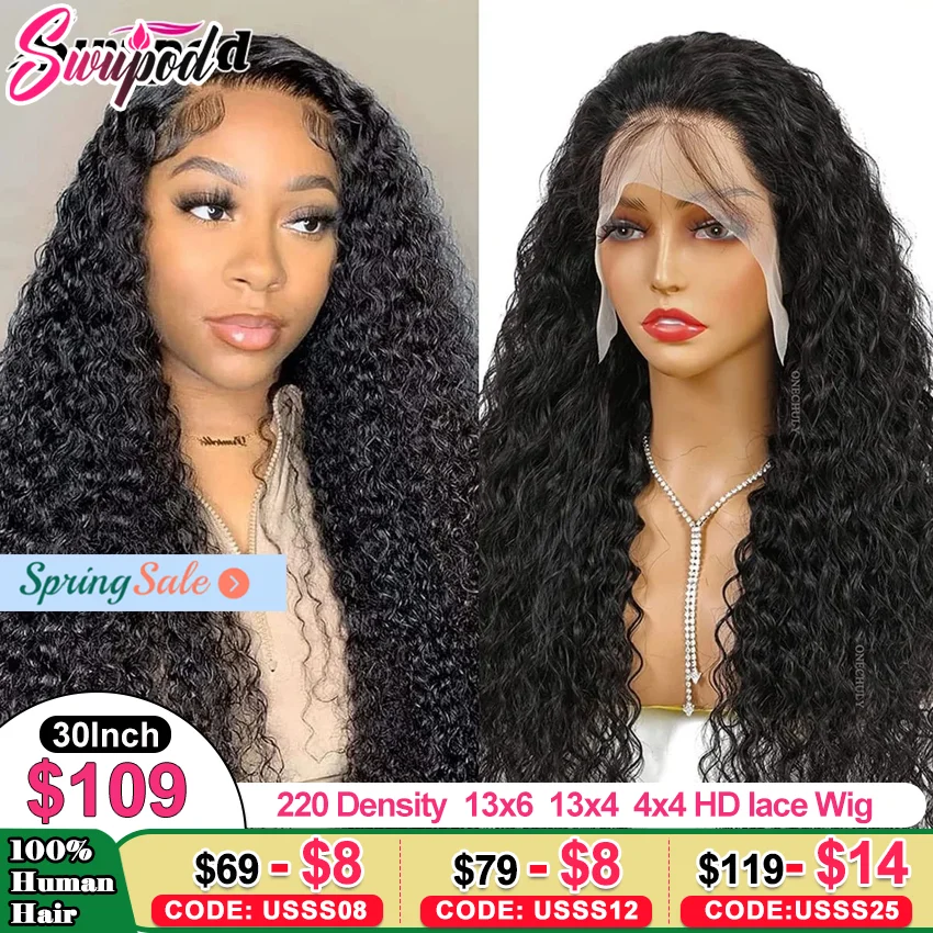 

Swupod 200% Density 13x6 HD Transparent Lace Front Wig Water Wave Remy Human Hair for Women Natural Black Frontal Glueless