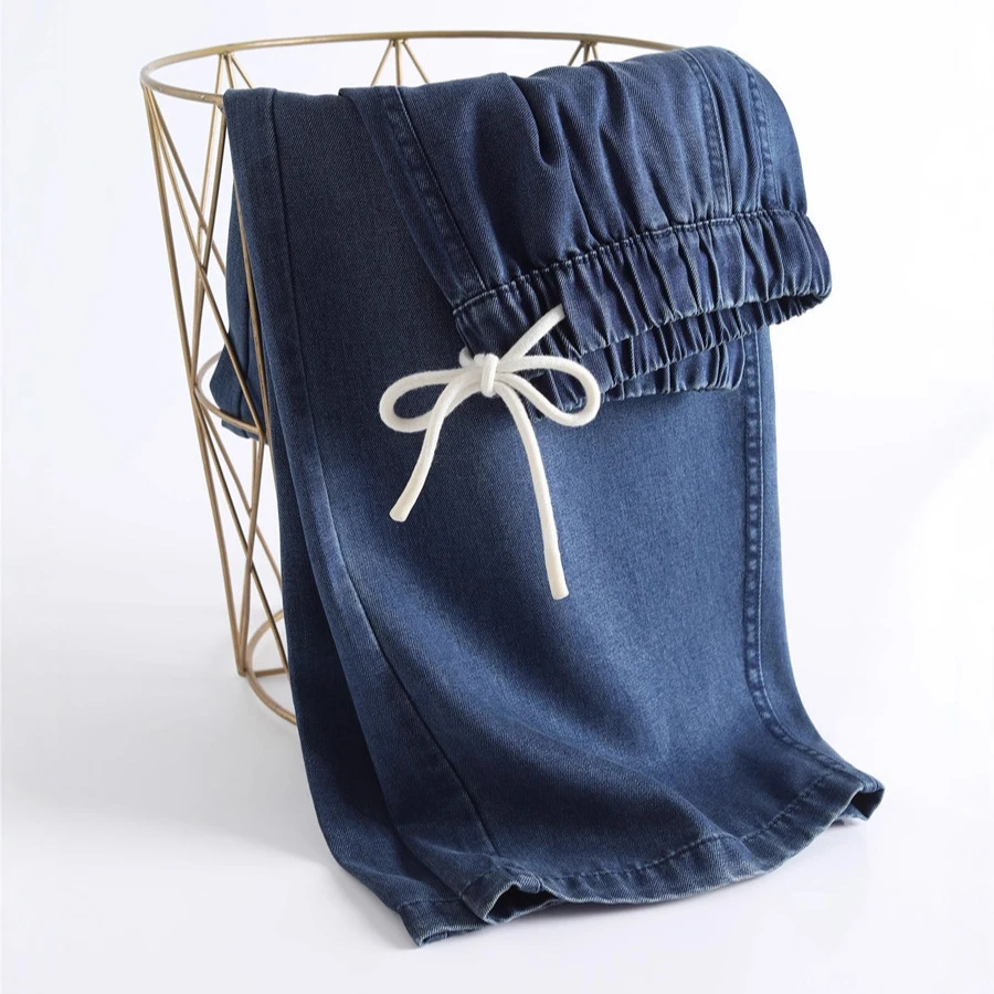 Vintage Elastic Waist Women's Jeans Autumn Fashion High Waist Versatile Lace-up Loose Wide Leg Pants Female Casual Washed Pants