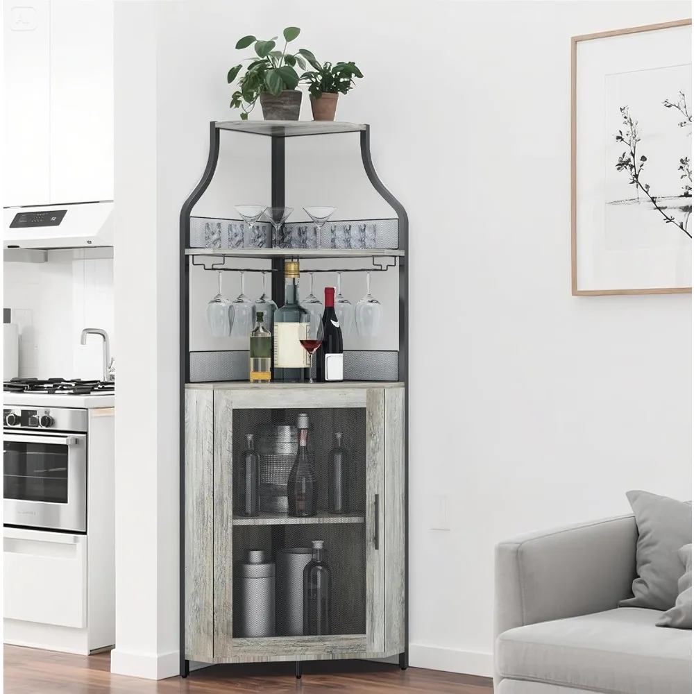 

5-Tier Industrial Corner Bar Cabinet with Barn Door, Glass, and LED Wine Rack