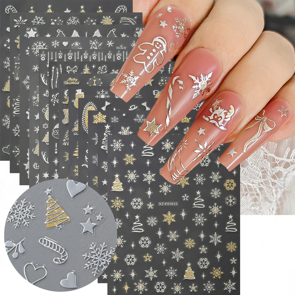 12 Stuks 3D Kerst Sneeuwvlok Nail Stickers Goud Zilver Glitter Kerstman Bal Kerstboom Decals Nieuwjaar Zelfklevende Sliders