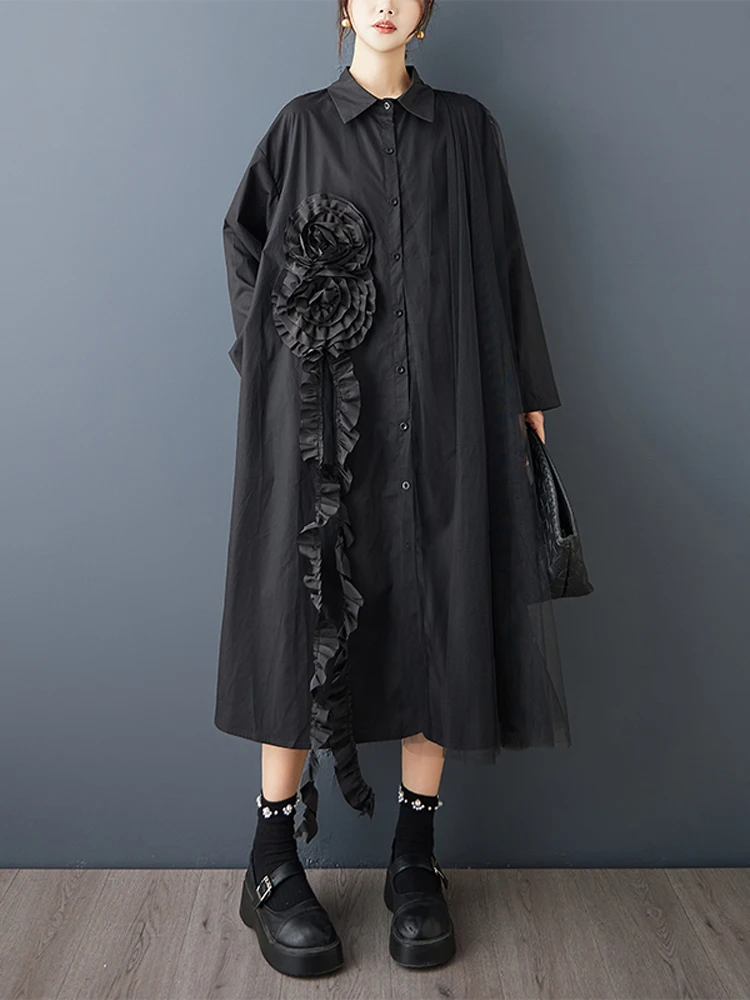 NYFS 2025 خريف جديد فضفاض حجم كبير خمر أسود اللون واحدة الصدر قميص فستان رداء قصير الأكمام غير النظامية فستان المرأة