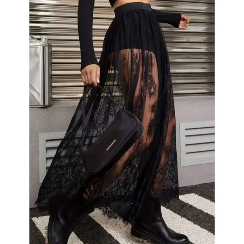 Women Sexy Perspective Meshes Lace Skirts With Shorts Bottom With 2 In1 See Through Highs Waist Sheer Meshes A Line Long Skirt