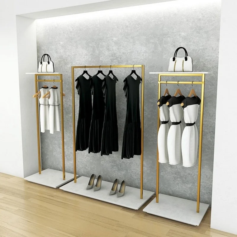 Custom, Customized Metal Gold Clothing Display Stand Shelf Rack with MDF Board Garment Store Furniture